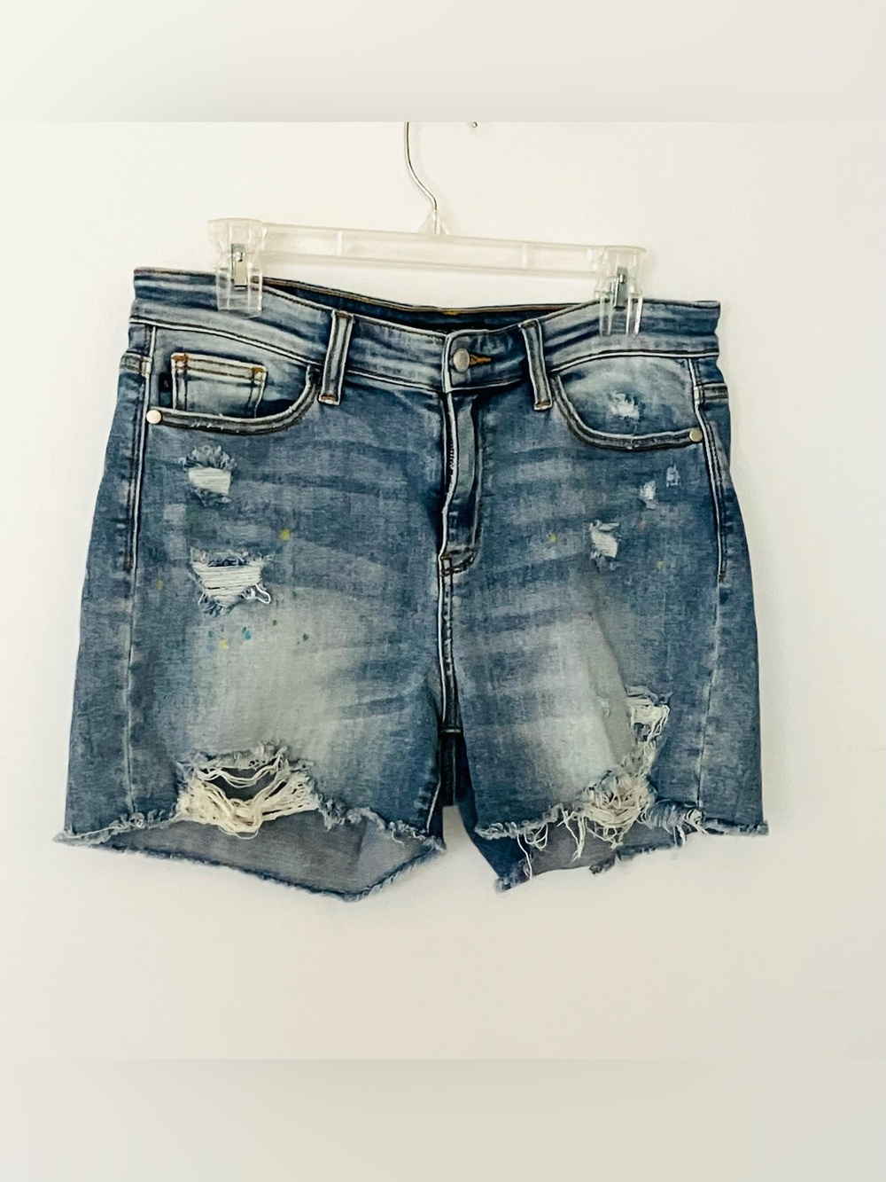Judy Blue Denim Shorts Womens Size L Blue High Waist Distressed Paint JB15204 LT